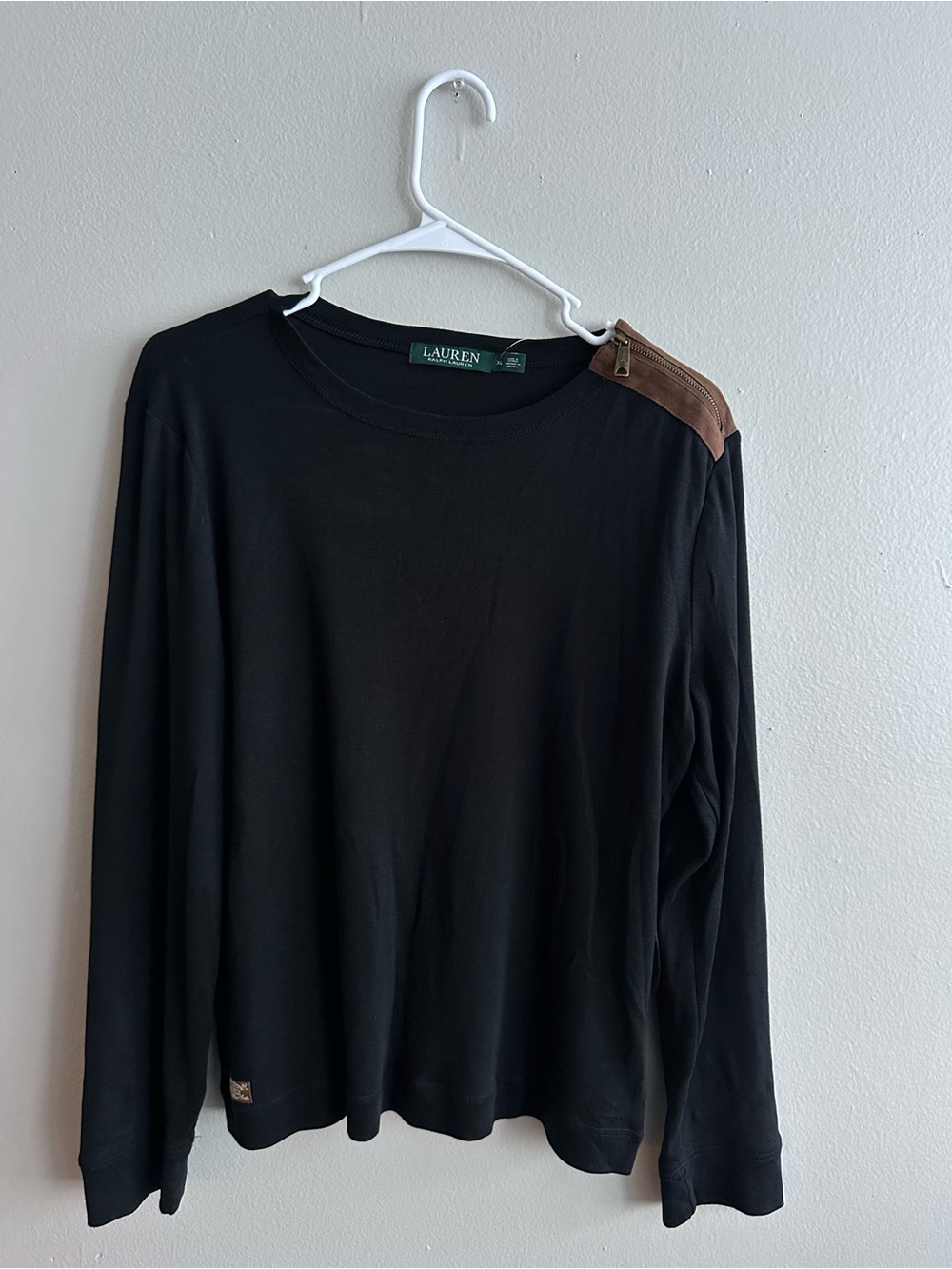 Ralph Lauren Black Long-Sleeve Shirt with Brown Faux Suede Shoulder Detail